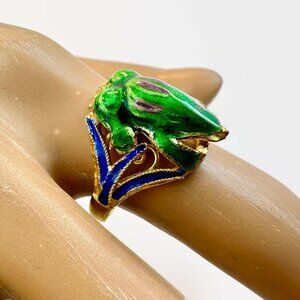 Frog Ring, Chinese Export, Enamel, Cloisonne, Adjustable, Gold Gilt, Silver